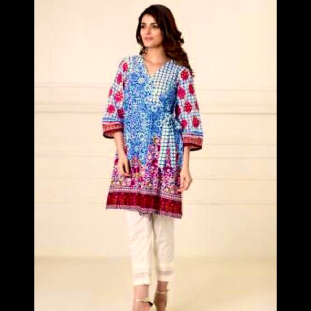 Womens khaadi kurta tunic dress crossover sz 8 blue red embroidery red / gold